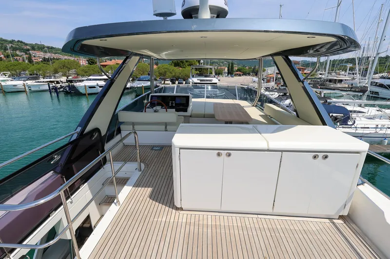 Mas Que Nada Yacht Photos Pics Luxurious 2021 Greenline OceanClass 68 yacht deck with modern amenities and scenic marina view.