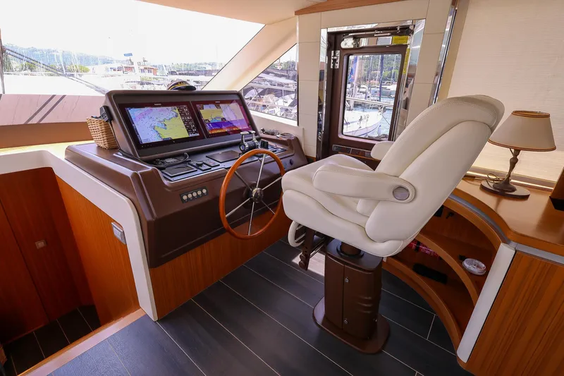 Mas Que Nada Yacht Photos Pics Luxurious helm station of 2021 Greenline OceanClass 68 yacht with modern navigation equipment.