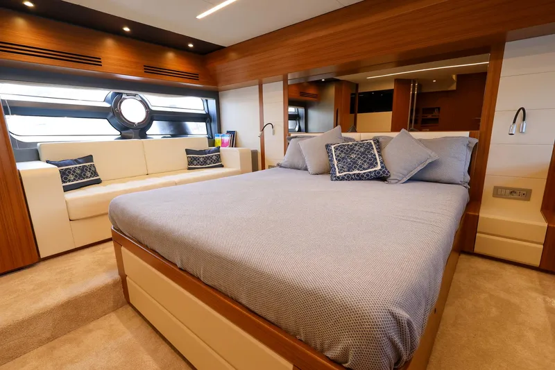 Mas Que Nada Yacht Photos Pics Luxurious bedroom interior of 2021 Greenline OceanClass 68 yacht with modern design.
