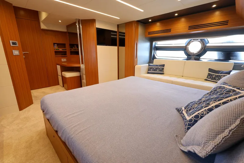 Mas Que Nada Yacht Photos Pics Luxurious bedroom interior of 2021 Greenline OceanClass 68 yacht with modern design.