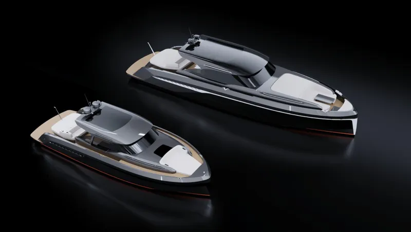  Yacht Photos Pics Two sleek Bekkers Yachts CARIB 64HT models, 2026, displayed on a dark background.
