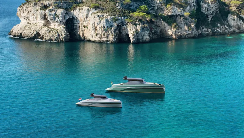  Yacht Photos Pics Two Bekkers Yachts CARIB 64HT, 2026 models, cruising in clear turquoise waters.