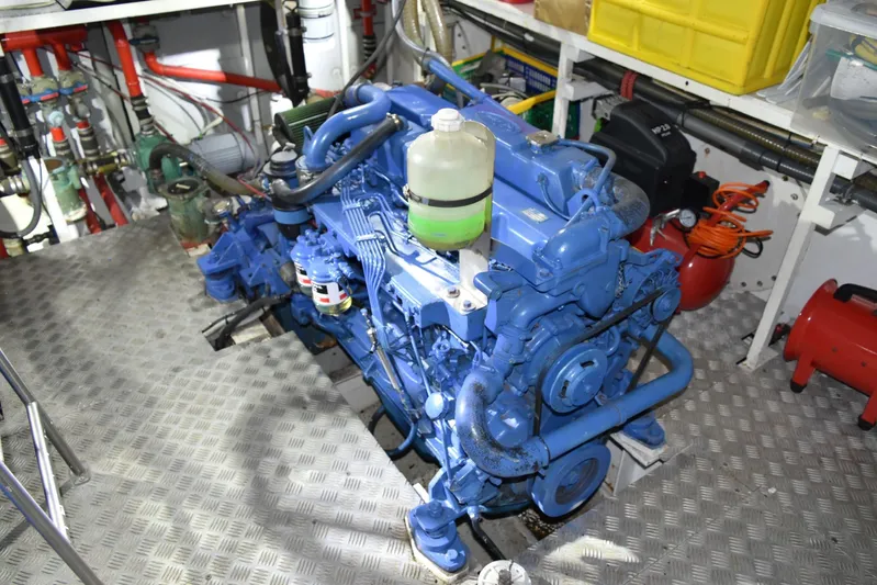 Alieva Yacht Photos Pics Engine room of 2010 Joubert-Nivelt ALIEVA 60 yacht with blue machinery and equipment.