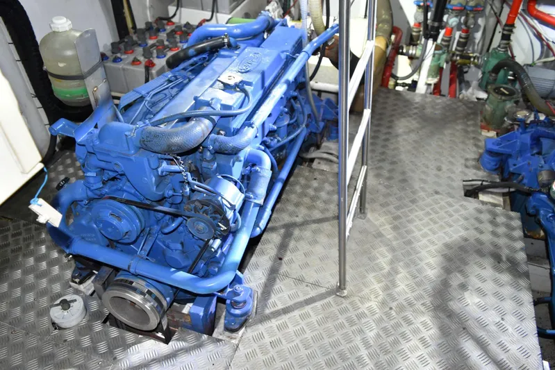 Alieva Yacht Photos Pics Engine room of 2010 Joubert-Nivelt ALIEVA 60 yacht with blue machinery and equipment.