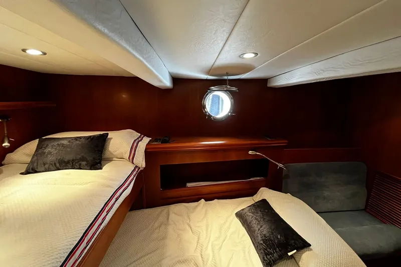 Alieva Yacht Photos Pics Luxurious cabin interior of 2010 Joubert-Nivelt ALIEVA 60 yacht with cozy bedding.