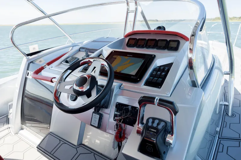  Yacht Photos Pics 2009 Sessa Marine Key Largo 36 boat dashboard with modern navigation controls.