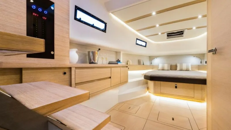 Yaaas Yacht Photos Pics Luxurious interior of 2024 Pardo Yachts P43, featuring modern design and ambient lighting.