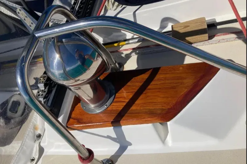 Bittersweet Yacht Photos Pics 1989 Tartan 4100 sailboat deck with polished metal and wood accents.