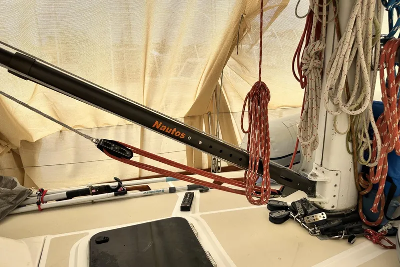 Bittersweet Yacht Photos Pics Sailboat deck with Nautos boom, ropes, and mast, Tartan 4100, 1998 model.