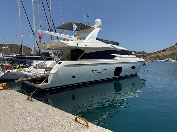  Yacht Photos Pics Luxury 2012 Ferretti Yachts 720 docked in a serene marina setting.