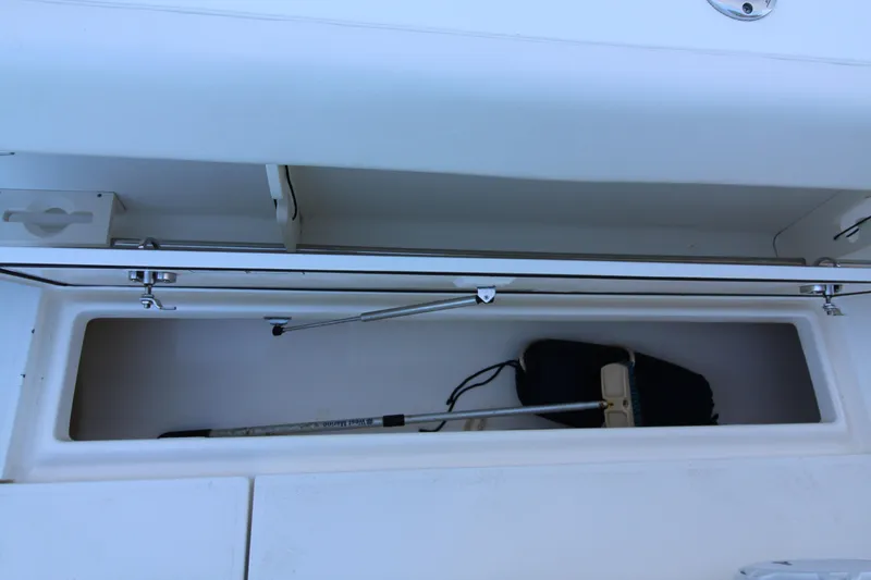 Better Than Most Yacht Photos Pics Storage compartment on a 2015 Boston Whaler 320 Outrage boat, featuring a cleaning brush.