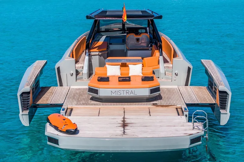 Mistral Yacht Photos Pics 2023 Evo Yachts R4 XT luxury yacht with spacious deck and modern design.