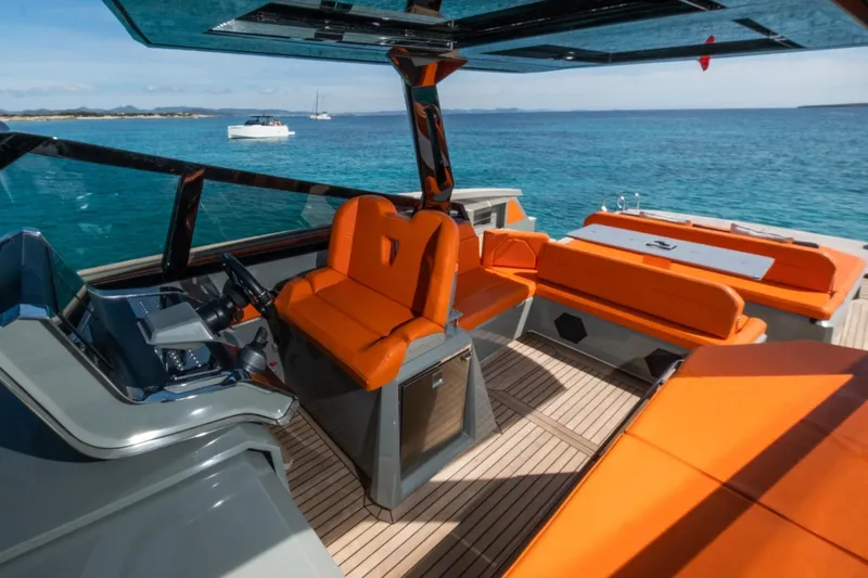 Mistral Yacht Photos Pics Luxurious 2023 Evo Yachts R4 XT with vibrant orange seating and sleek design.