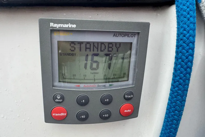 Falcon Yacht Photos Pics Raymarine autopilot display on 2004 Dufour 40 Performance sailboat, showing standby mode.