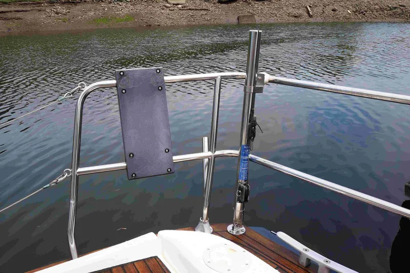 Falcon Yacht Photos Pics Stern view of 2004 Dufour 40 Performance sailboat with stainless steel railings.