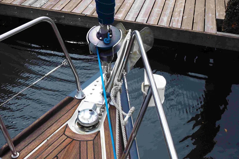 Falcon Yacht Photos Pics Bow of 2004 Dufour 40 Performance yacht with anchor and ropes at dock.