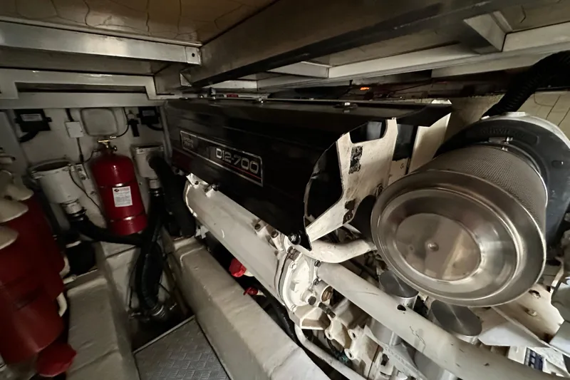  Yacht Photos Pics Engine room of a 2001 Princess 56 yacht, featuring a D12-700 engine.