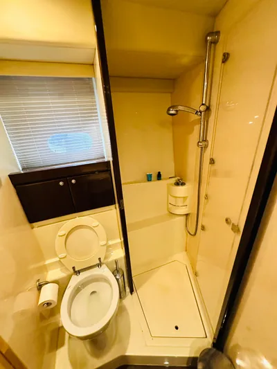  Yacht Photos Pics Bathroom interior of 2005 Ferretti Yachts 550, featuring shower and toilet.