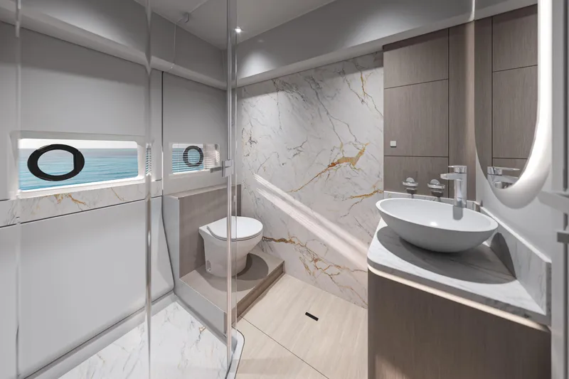  Yacht Photos Pics Luxurious bathroom of the 2026 Beneteau Gran Turismo 50 yacht.