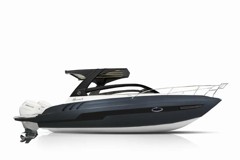  Yacht Photos Pics 2025 Hanover 305 Gray & Black Edition boat, sleek design, side view.