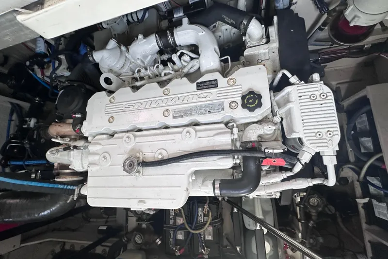  Yacht Photos Pics Engine compartment of a 2013 Sea Ray 410 Sundancer, featuring a Cummins engine.