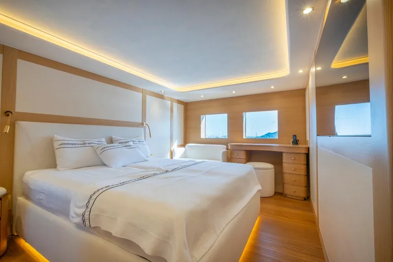  Yacht Photos Pics Luxurious bedroom interior on 2022 Custom 85 Semi Displacement Trawler yacht.