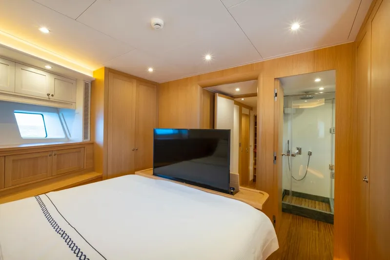  Yacht Photos Pics Luxurious bedroom interior on 2022 Custom 85 Semi Displacement Trawler yacht.