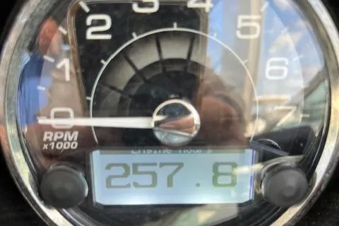  Yacht Photos Pics Close-up of 2021 Monterey 295 Sport Yacht tachometer displaying 257.8 RPM.