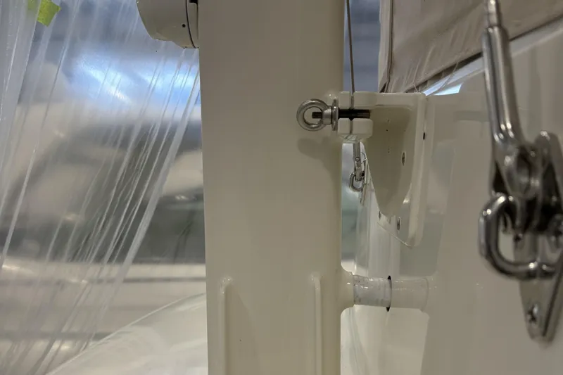 Bad Dog Yacht Photos Pics Close-up of 2021 Sabre 42 Fly Bridge boat hardware and fittings.