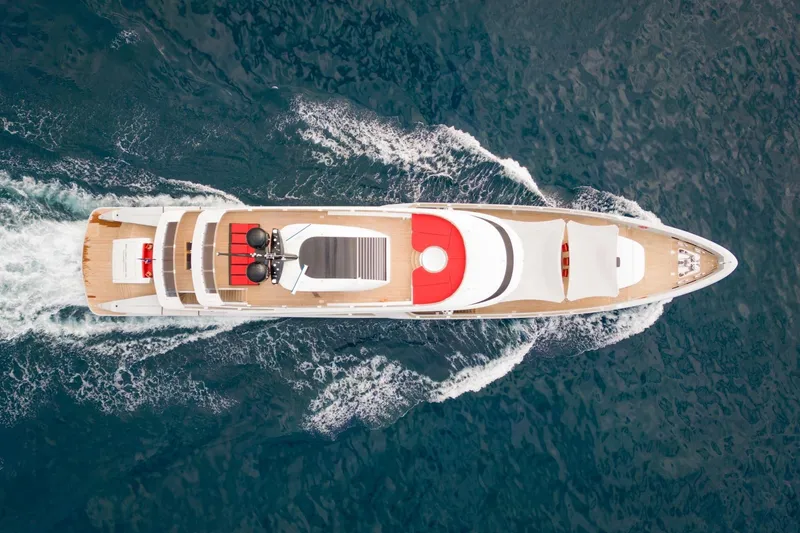 Euphoria II Yacht Photos Pics Aerial view of 2016 Mayra Yachts 50m luxury yacht cruising on the ocean.