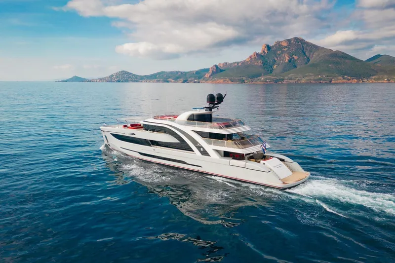 Euphoria II Yacht Photos Pics Luxurious 2016 Mayra Yachts 50m cruising near scenic coastal mountains.