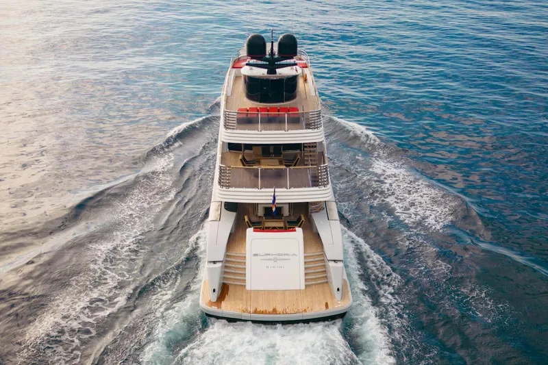 Euphoria II Yacht Photos Pics Luxurious 2016 Mayra Yachts 50m cruising on open sea, aerial rear view.