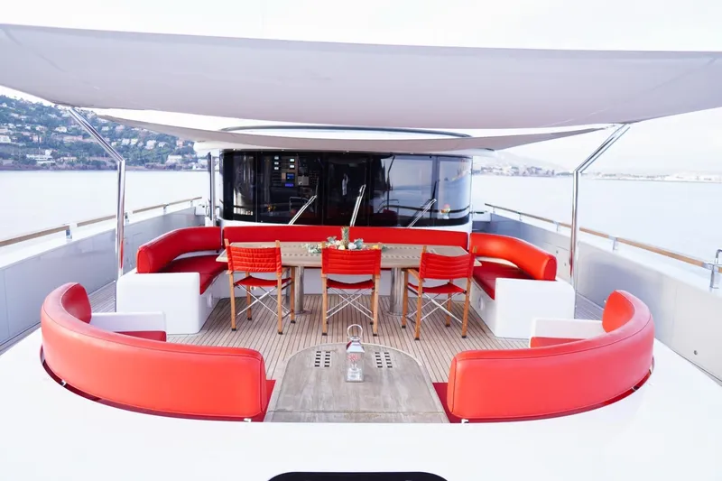 Euphoria II Yacht Photos Pics Luxurious Mayra Yachts 50m deck with red seating, dining area, and canopy, 2016 model.
