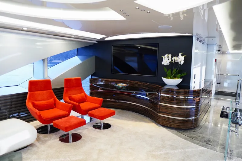 Euphoria II Yacht Photos Pics Luxurious Mayra Yachts 50m interior, featuring modern design with vibrant orange chairs, 2016 model.