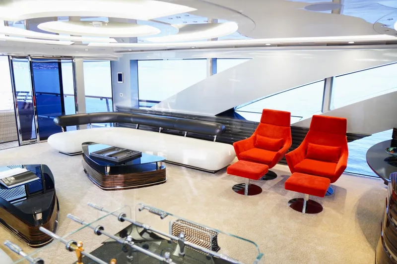 Euphoria II Yacht Photos Pics Luxurious Mayra Yachts 50m interior with modern seating and panoramic windows, 2016 model.