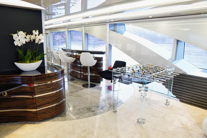 Euphoria II Yacht Photos Pics Luxurious Mayra Yachts 50m interior with modern decor, bar, and foosball table, 2016 model.