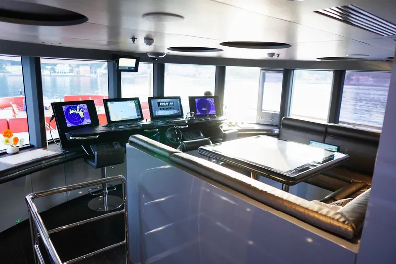 Euphoria II Yacht Photos Pics Luxurious Mayra Yachts 50m 2016 interior with modern navigation equipment and panoramic windows.