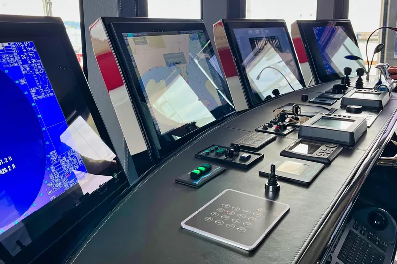 Euphoria II Yacht Photos Pics Control panel of 2016 Mayra Yachts 50m, featuring advanced navigation screens and instruments.