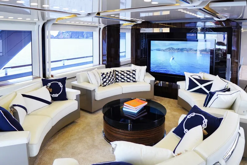 Euphoria II Yacht Photos Pics Luxurious Mayra Yachts 50m 2016 interior with elegant seating and large TV screen.