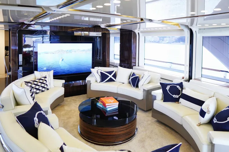 Euphoria II Yacht Photos Pics Luxurious Mayra Yachts 50m 2016 interior with elegant seating and large TV screen.
