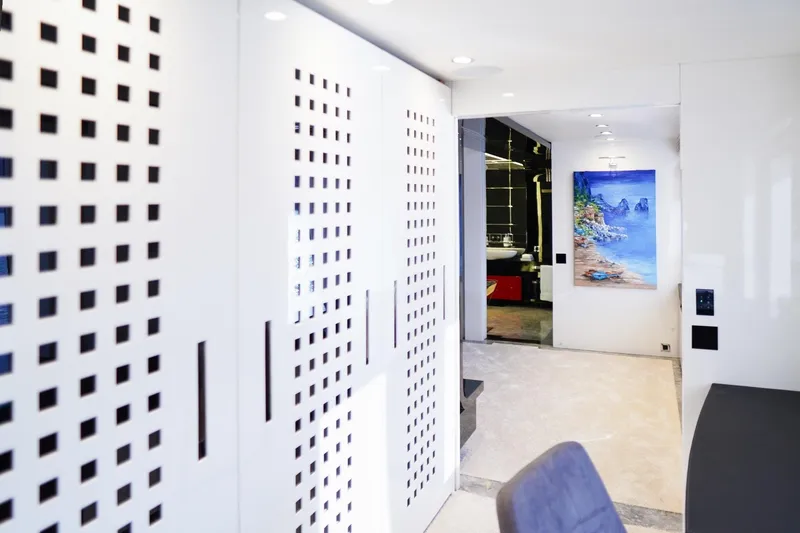 Euphoria II Yacht Photos Pics Luxurious interior of 2016 Mayra Yachts 50m, featuring modern design and artwork.