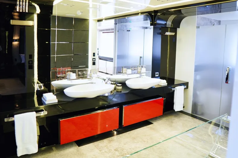Euphoria II Yacht Photos Pics Luxurious bathroom on 2016 Mayra Yachts 50m, featuring modern sinks and sleek design.