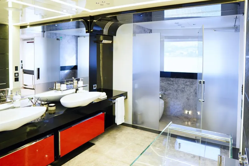 Euphoria II Yacht Photos Pics Luxurious bathroom interior on 2016 Mayra Yachts 50m, featuring modern fixtures and elegant design.