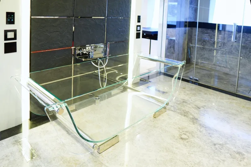 Euphoria II Yacht Photos Pics Luxurious glass sink in Mayra Yachts 50m, 2016 model, featuring modern design and sleek finishes.