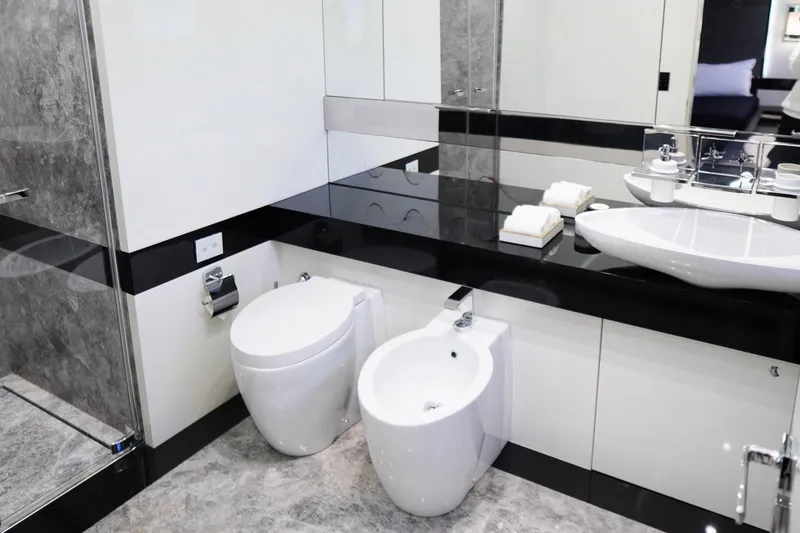 Euphoria II Yacht Photos Pics Luxurious bathroom on 2016 Mayra Yachts 50m, featuring modern fixtures and elegant design.