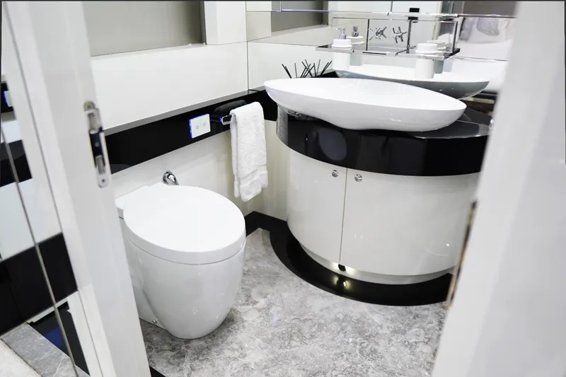 Euphoria II Yacht Photos Pics Luxurious bathroom on 2016 Mayra Yachts 50m, featuring modern fixtures and elegant design.