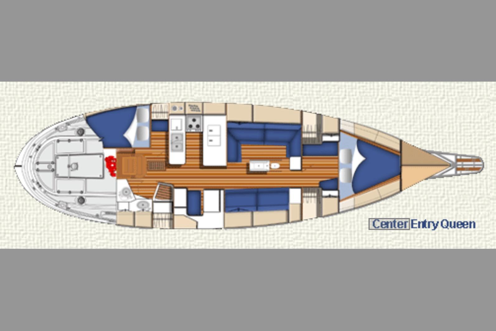 Floor plan of a 2007 Valiant 50 yacht with center entry queen layout.