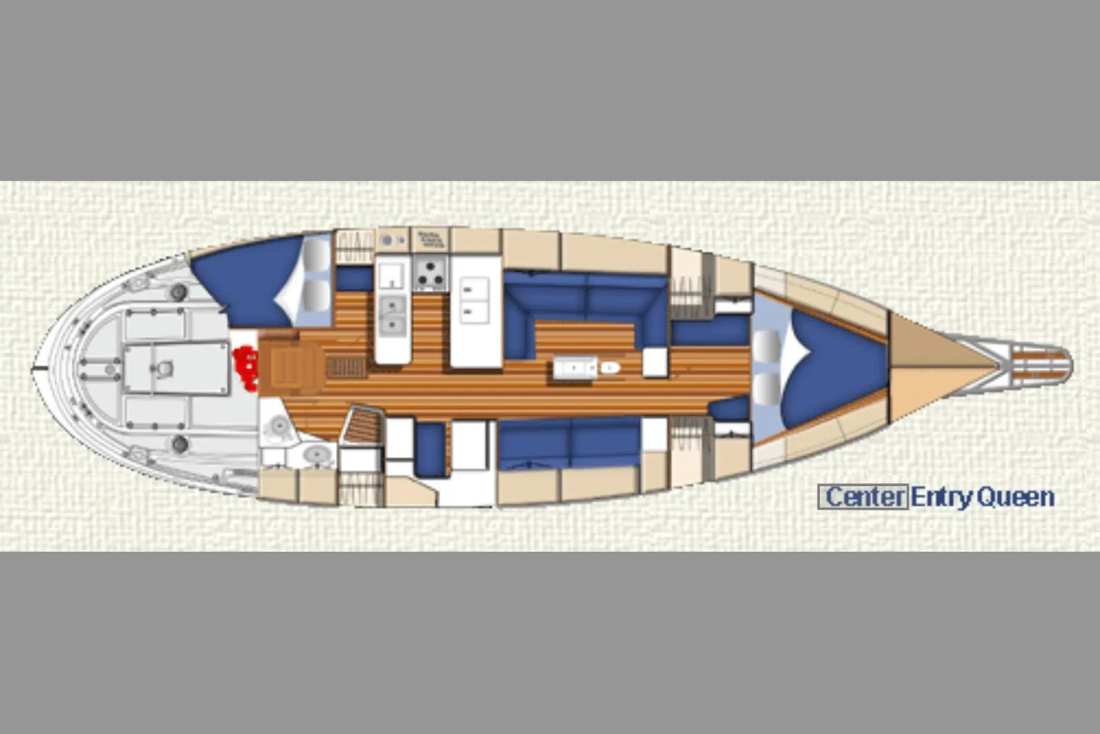 Floor plan of a 2007 Valiant 50 yacht with center entry queen layout.