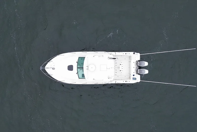Hammer Down Yacht Photos Pics Aerial view of 2016 Boston Whaler 315 Conquest boat on water.