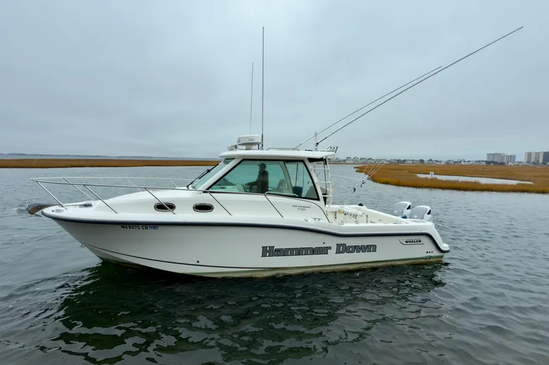 Hammer Down Yacht Photos Pics 2016 Boston Whaler 315 Conquest boat on calm water, overcast sky.